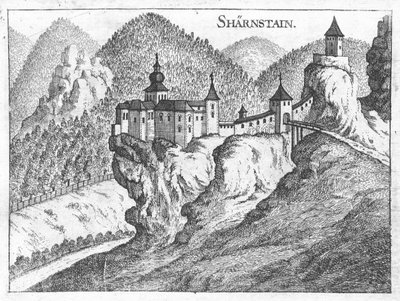 Engraving, view of Scharnstein castle, Upper Austria by Georg Matthaus Vischer